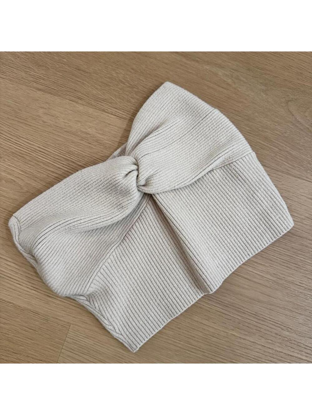 Princess Polly Kallista Beige/Cream Ribbed Twist Bandeau Crop Top Size S/M